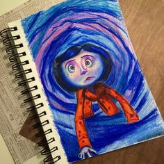 a child's drawing of a girl in an orange jacket with blue hair and eyes