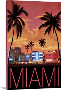 the miami skyline is lit up at night with palm trees and buildings in the background