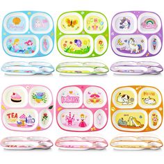 children's cartoon plates and trays are shown in different colors, shapes and sizes