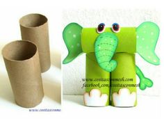 an elephant made out of toilet paper next to two rolls of toilet paper with eyes on them