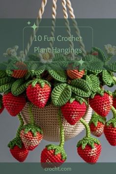 crocheted strawberries hanging from a planter with text overlay that reads, 10 fun crochet plant hangings