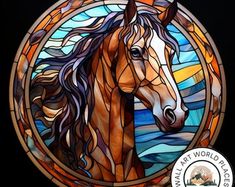 a stained glass window with a horse on it