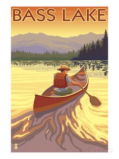 a poster with a man in a canoe on the lake