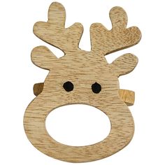 a wooden reindeer head with black eyes