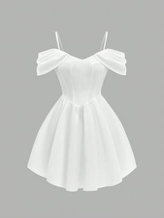 White Elegant Collar Short Sleeve Woven Fabric Plain Fit and Flare Embellished Non-Stretch  Women Clothing Prom Dresses Short Off Shoulder, Short Dresses Styles For Women, Graduation Dresses For 8th Grade Simple, Dresses For 13 Yo, Casual White Dress Short, Grade 8 Graduation Dresses Short, Simple Pretty Dresses, Short Pretty Dresses, Short Flare Dress Classy