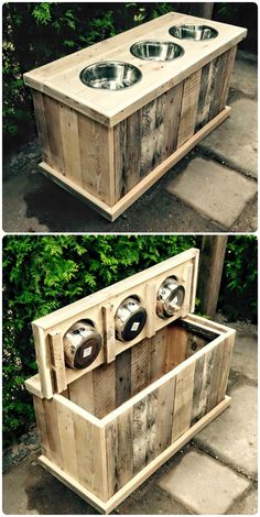 an outdoor sink made out of wooden pallets and metal bowls is shown in two different views