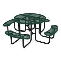 a green table with four benches on it and one bench in front of the table