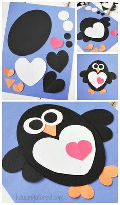 penguin paper craft for valentine's day made with construction paper and cut out hearts