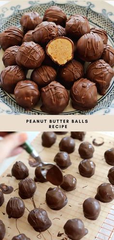 chocolate peanut butter balls on a plate and in the process of being cut into pieces