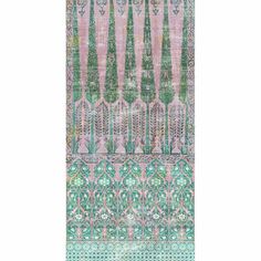 an intricately designed rug with green and pink patterns on the bottom, in front of a white background