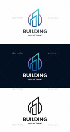 the logo for building company is shown in three different colors and font styles, including blue,