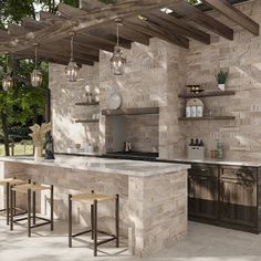 an outdoor kitchen with two bar stools