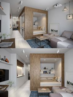 three pictures of a living room and kitchen