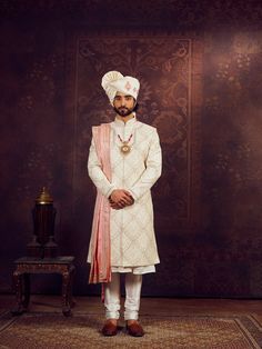 Ajay Arvindbhai Khatri White Anarkali Kurta, Royal Sherwani, White Anarkali, Sherwani Groom, Peach Colour, Raw Silk Fabric, Dress Men