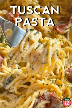 a close up of a fork in a pasta dish with the words tuscani pasta above it