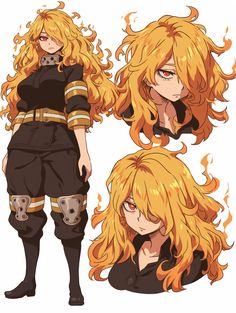 an anime character with long blonde hair and black clothes, wearing fire fighter gear while holding her hand on her chest