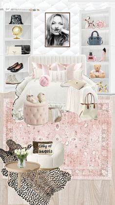 the interior of a bedroom is decorated in pink and white, with accessories on display