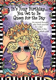 a birthday card with an image of a woman wearing sunglasses and a tiara on her head