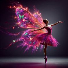 a woman in a pink dress with butterflies on it's wings, is dancing