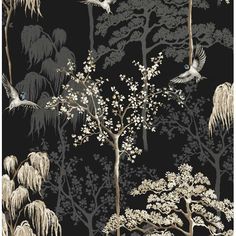 a black and white wallpaper with birds flying over the treetops in front of trees