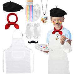 a young boy wearing an apron and hat holding a paint palette