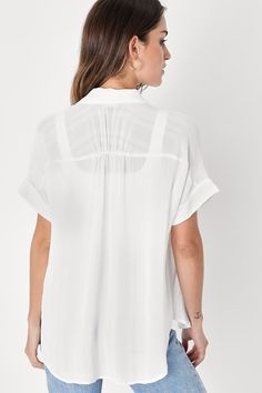 The styling possibilities are endless with the Lulus Everlee White Striped Button-Up Top! Semi-sheer woven fabric, with a subtle striped pattern, shapes this cute top with a collared neckline and short, cuffed sleeves. Relaxed bodice, with a full button placket down the front, tucks perfectly into your favorite high-waisted bottoms thanks to a rounded hem that's slightly longer at back. Camisole not included. Fit: This garment fits true to size. Length: Size medium measures 26.5" from shoulder t Summer Tops With Button Closure For Layering, Chic Button-up Tops For Layering, Versatile Summer Blouse With Collared Neckline, Versatile Collared Blouse For Summer, Summer Button-up Blouse For Layering, Summer Layering Button-up Blouse, Summer Collared Blouse For Layering, Collared Top, White Button Up