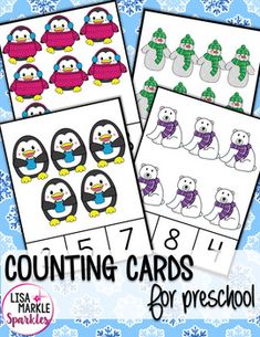 penguin counting cards for preschool to print and color with snowflakes in the background