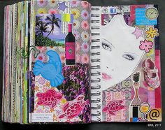 an open notebook with many different pictures and words on it, including a woman's face