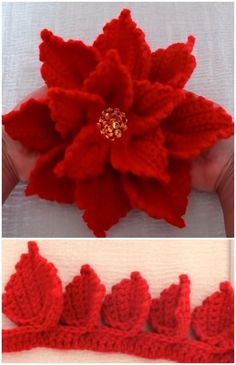 crocheted poinsettis are shown in three different pictures, one is red and the other is white