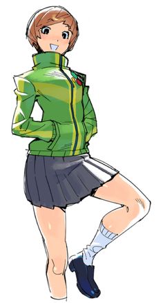 a drawing of a girl in a green jacket and skirt