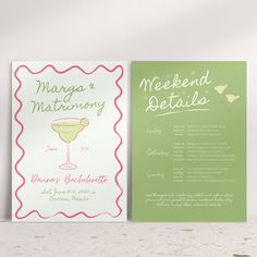 two wedding cards, one with a martini and the other with a cocktail glass on it