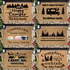 the different types of campers are shown on this door mat, and each has their own name