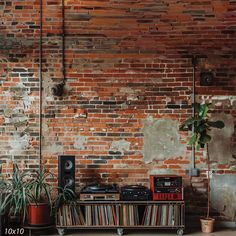 an old brick wall with some plants and books on the shelf in front of it