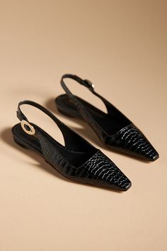 Leather upper, insole Rubber sole Buckle styling Imported | Snip-Toe Slingback Flats by Anthropologie in Black, Women's, Size: 39, Leather/Rubber Black Shoes Outfit, Classic Fashion Looks, Dressy Boots, Fashion Shoes Heels, Black Flats Shoes, Fashion Shoes Flats, Chic Shoes, Leather Flat Shoes