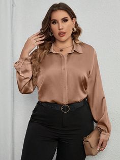 Plus Solid Button Front Shirt Champagne Elegant  Long Sleeve Fabric Plain Shirt Non-Stretch Spring/Fall Women Plus Clothing, size features are:Bust: ,Length: ,Sleeve Length: Silk Shirt Outfit, Nude Shirt, Silky Shirt, Plain Shirt, Satin Blouses, Plain Shirts, Curvy Outfits, Button Front Shirt, Plus Size Blouses