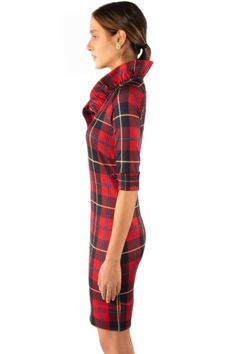 Tartan Ruffle Neck Dress The Tartan Ruffle Neck Dress blends the classic charm of tartan with modern elegance, perfect for both casual outings and stylish events. Made from a premium acrylic-wool blend, it combines wool's warmth with acrylic's durability, offering easy care and long-lasting wear. With over 5000 tartan variations to choose from, this dress allows you to showcase a design that reflects your heritage or personal taste. The chic 35-inch length, 3/4 sleeves with turn-back cuffs, and Elegant Plaid Dresses With Ruffles, Fitted Plaid Winter Dress, Fitted Plaid Dress With Ruffles, Classic Fitted Plaid Dress, Fitted Plaid Dress For Work, Chic Plaid Winter Dress, Chic Plaid Dress For Winter, Classic Fitted Plaid Dress For Fall, Elegant Winter Plaid Dress