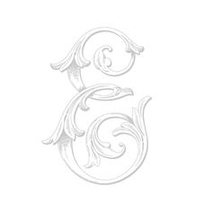 the letter g is made up of swirls and scrolls on white paper with black ink