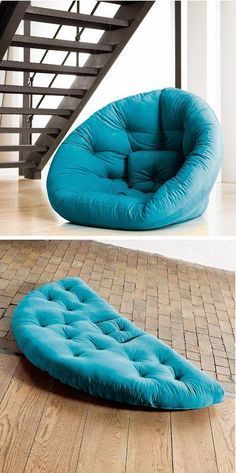 two pictures of different types of furniture and one has a blue bean bag chair on the floor