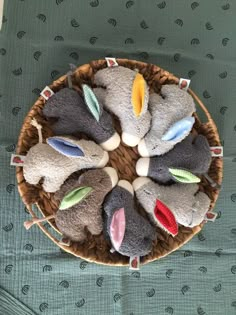 a basket filled with stuffed animals sitting on top of a table