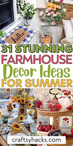 the best farmhouse decor ideas for summer with sunflowers and other flowers in baskets