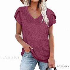 Lasaky - Simple yet Elegant V-Neck Blouse Design Summer Tees, Tee Shirt Fashion, Athleisure Tops, Athleisure Women, Petal Sleeve, Womens Tops Summer, Plus Size Kleidung, Cotton Pullover, Elegant Shirt