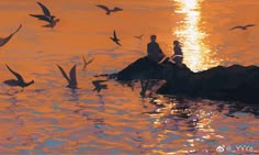 a painting of birds flying over the water at sunset with a person sitting on a rock