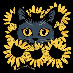 a black cat surrounded by sunflowers on a black background