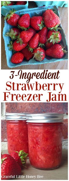 three jars filled with strawberry freezer jam