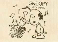 snoopy playing the trumpet with music notes