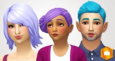 three male and female avatars with different colored hair styles, including blue to purple