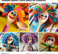 wooden spoon crafts ideas for students with pictures of colorful hair and clown faces on them