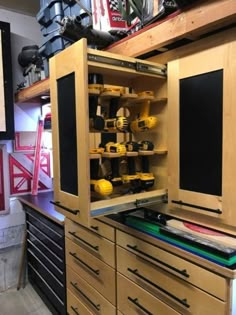 a workshop area with lots of tools in the cupboards and on the wall is a sign that reads workshop ideas workshop organization