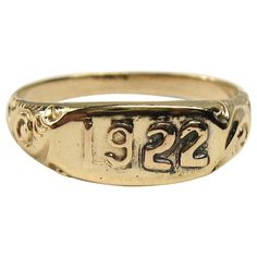 Wonderful 1922 embossed 10k Gold Ring. Scrolled design on the shank of the ring. The ring is a size 6-1/4 and can be sized by us or your jeweler. The ring is hallmarked inside the band. The ring is 1/4" wide at the top. This is out of a massive collection of New Old stock items as well as Hopi, Zuni, Navajo, Southwestern, sterling silver, (costume jewelry that was not worn) and fine jewelry we have both on fashion and the fine jewelry platforms. Be sure to check our storefront for more fabulous Classic Engraved Ring With Hallmarks, Collectible Yellow Gold Engraved Ring With Hallmarks, Collectible Engraved Yellow Gold Ring With Hallmarks, Victorian Rings With Engraving Option For Anniversary, Victorian Engraved Signet Promise Ring, Antique Engraved Ring Hallmarked, Victorian 14k Gold Ring With Engraving Option, Victorian 14k Gold Engraved Collectible Ring, Anniversary 14k Gold Engraved Ring With Maker's Mark