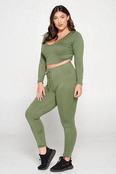 Super soft and stretchy fabric Crop hoodie Elastic band sweatpants with faux drawstring Made in USA 95% Polyester 5% Spandex See care label for care instructions. Model is 5'11" and wears a 1X *Size may run small. Recommend going one size up. Green Stretch Activewear For Leisure, Green Joggers For Fall Loungewear, Solid Color Stretch Sweats For Lounging, Solid Stretch Sweats For Lounging, Stretch Solid Color Sweats For Lounging, Stretch Solid Sweats For Lounging, Stretch Drawstring Lounging Activewear, Stretch Activewear With Drawstring For Lounging, Stretch Solid Color Tracksuit For Fall